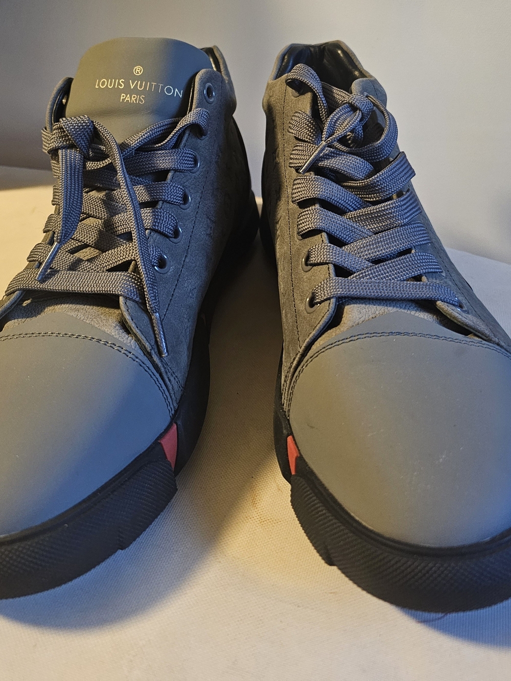 Louis Vuitton Men’s Gray Suede & Leather High-Top Sneakers with Red Accent